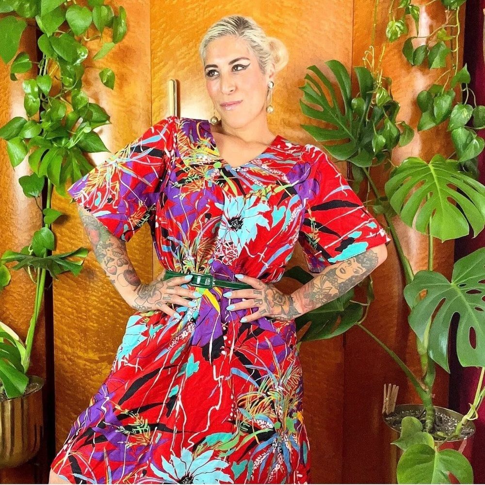 SEARS ROEBUCK 60’s 60s Vintage 70s DEADSTOCK Polished Cotton Hawaiian Dress L XL - Picture 2 of 9